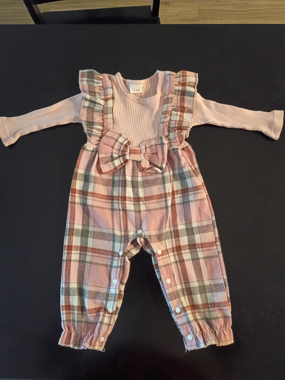 Cute Pink Plaid Baby Romper Ribbed Knit One-Piece Jumpsuit with Ruffles & Bow Ov